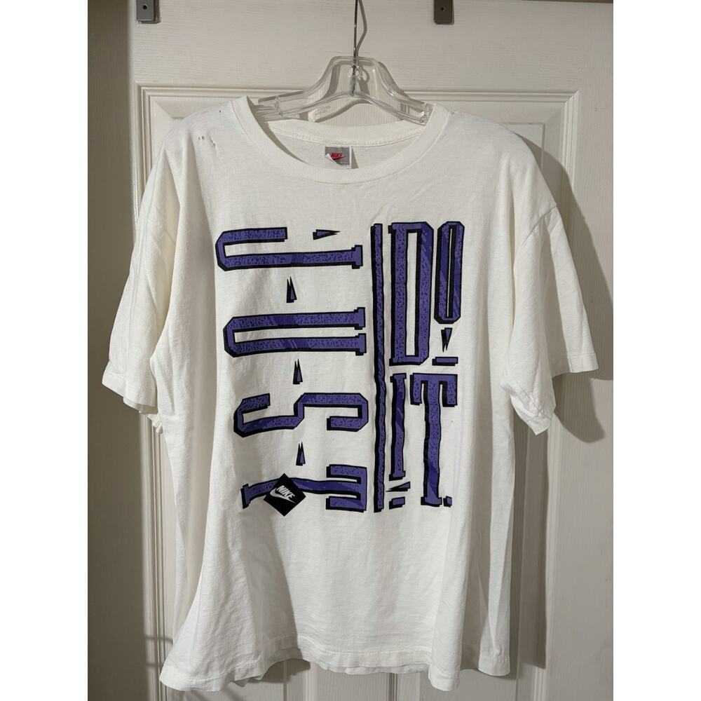 Vintage 90s Nike Just Do It Shirt Gray Tag Sz XL Sports SS White Purple